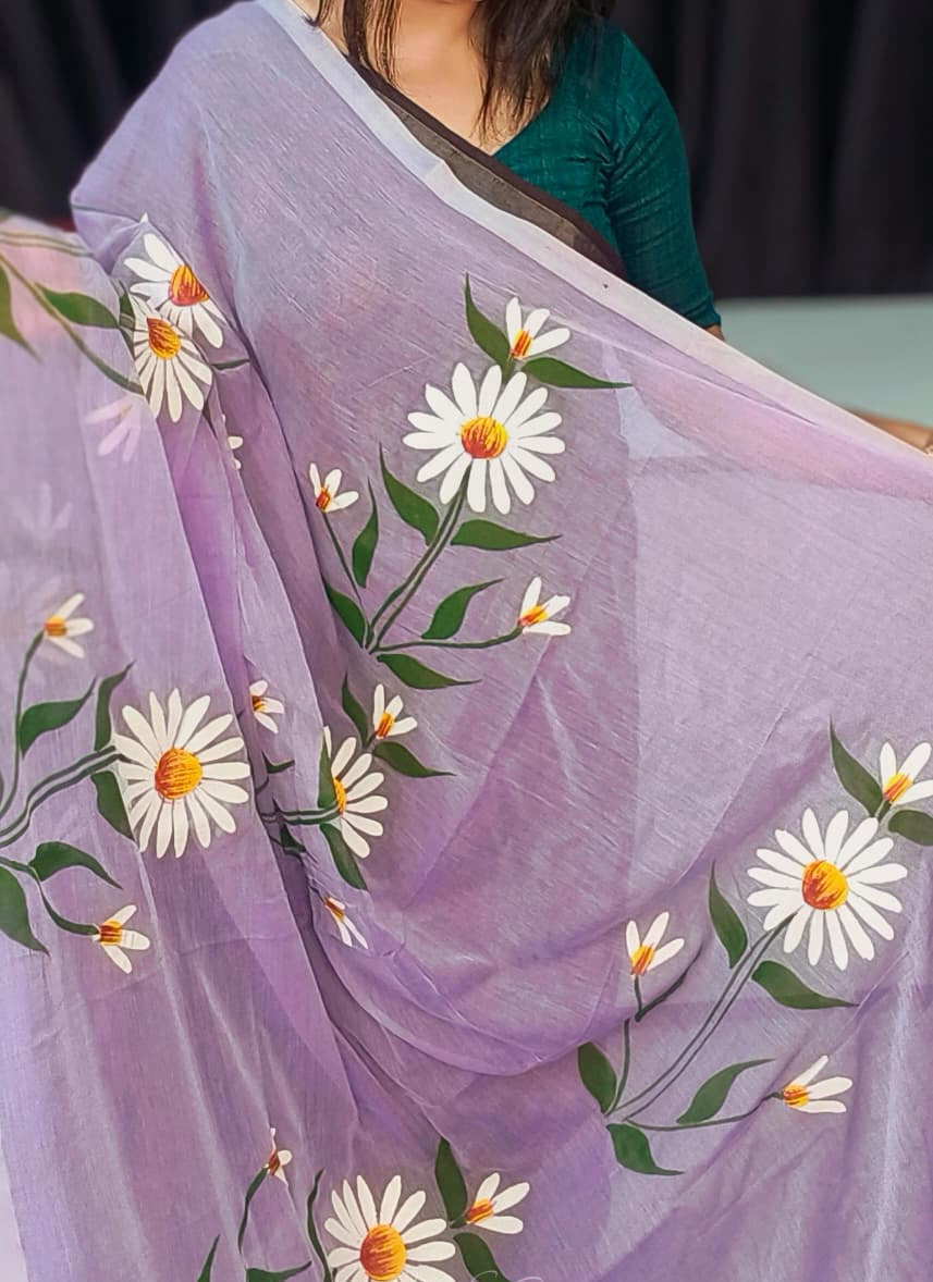 Lavender Floral Hand Print Mull Cotton Saree