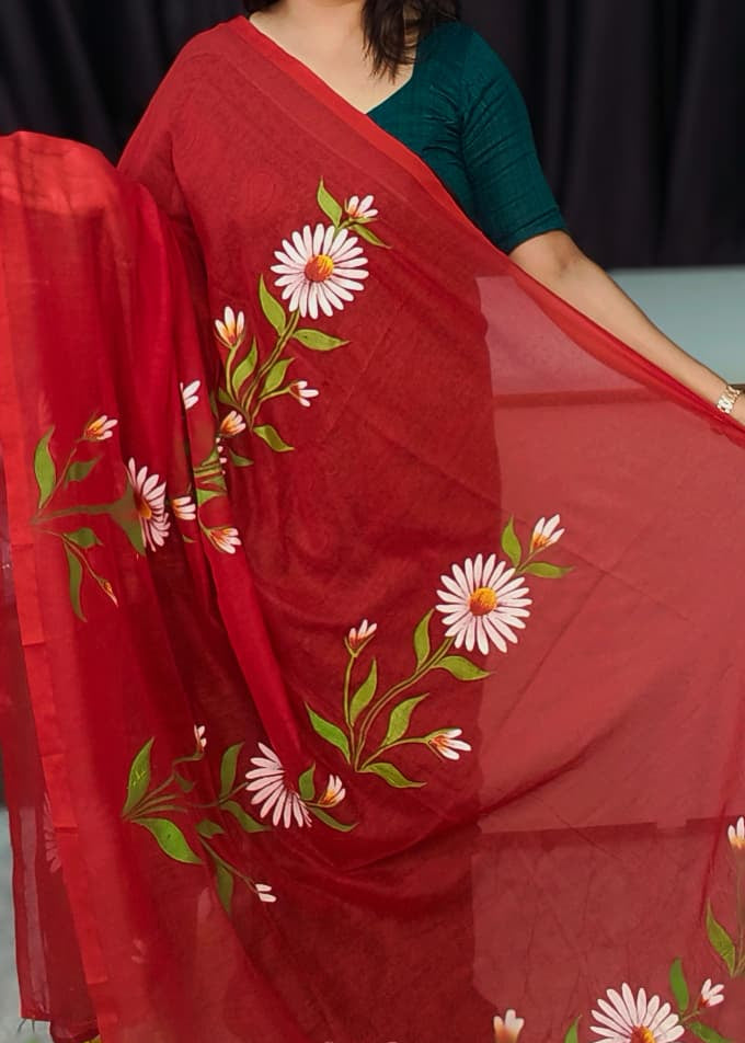Red Floral Hand Print Mull Cotton Saree