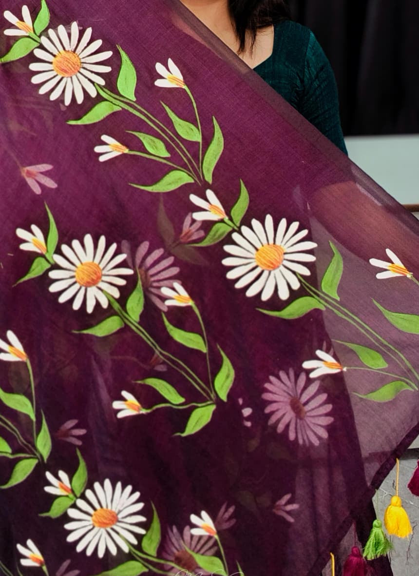 Wine Purple Floral Hand Print Mull Cotton Saree