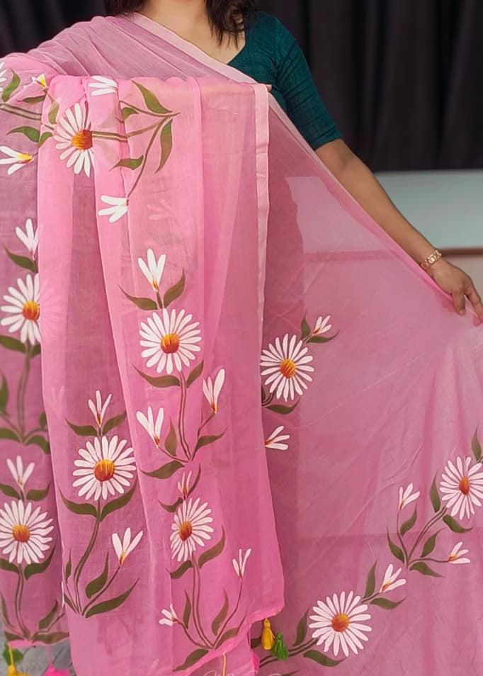 Baby Pink Floral Hand Print Mull Cotton Saree