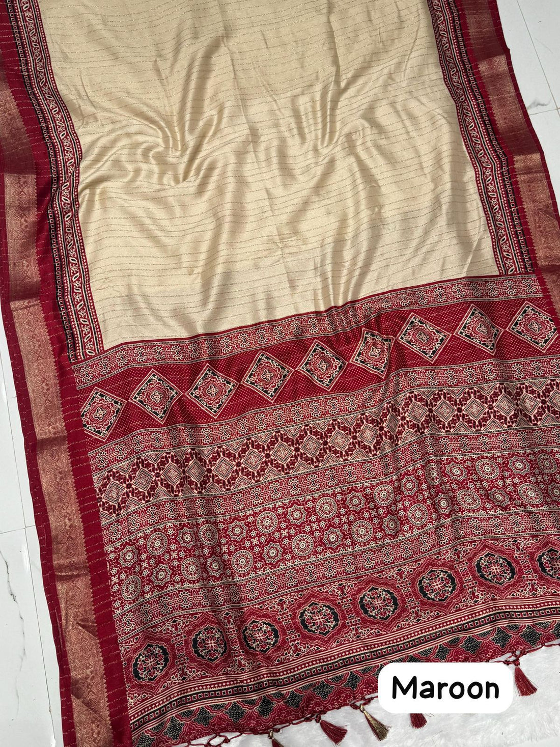 Semi Modal Silk Ajrak Print Banarasi Border Saree