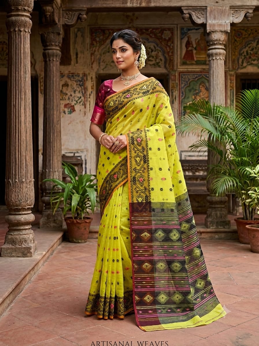 Lime Green BD Dhakai Soft Jamdani Saree