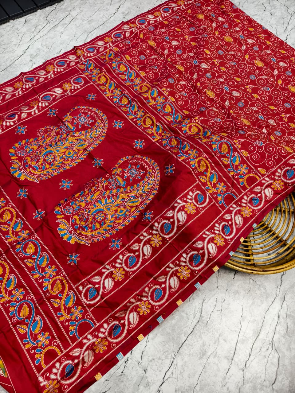 Maroon Blended Bangalore Silk Katha Weaving Saree