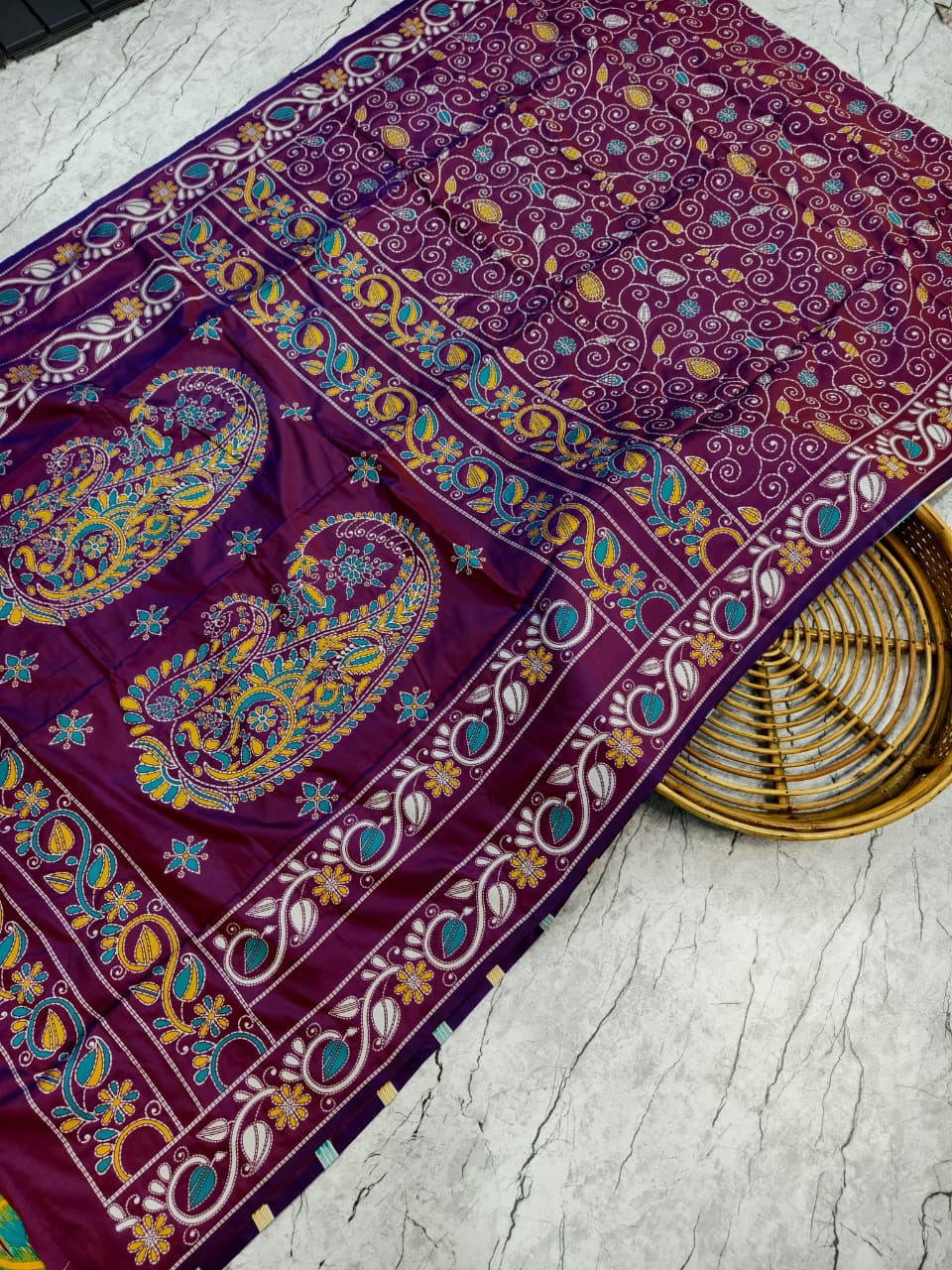 Purple Blended Bangalore Silk Katha Weaving Saree