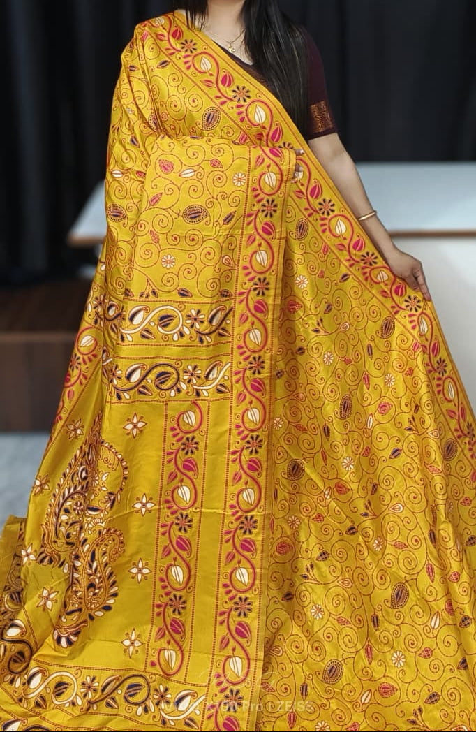 Mustard Yellow Blended Bangalore Silk Katha Weaving Saree
