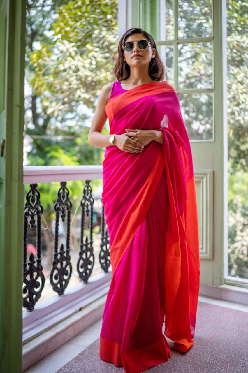 Pink Orange Pure Mul Cotton Saree