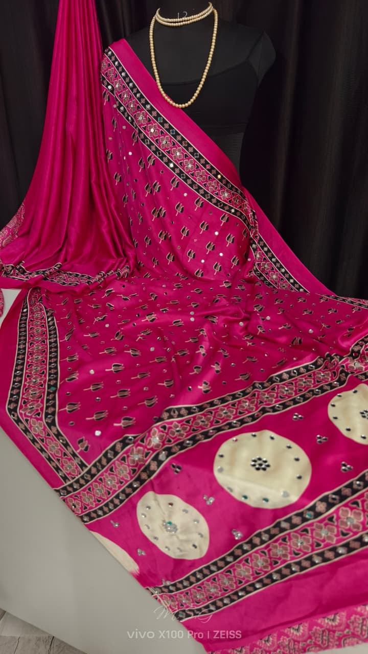 Premium Mirror Work Modal Satin Saree