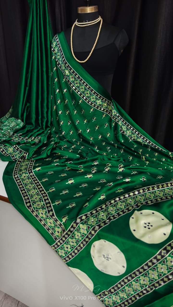 Green Premium Mirror Modal Satin Saree