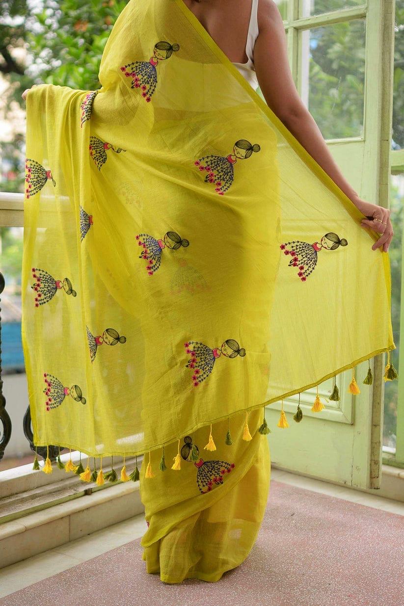 Yellow Hand Print Mul Cotton Saree