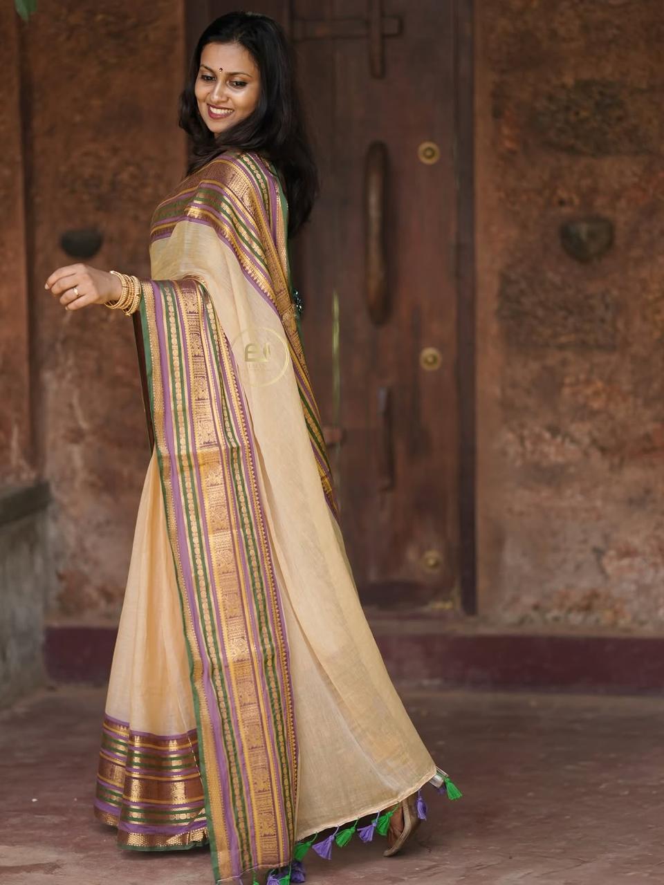 product Cream Mul Cotton Saree