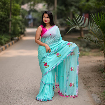 Mint Green Soft Embroidery Work Saree