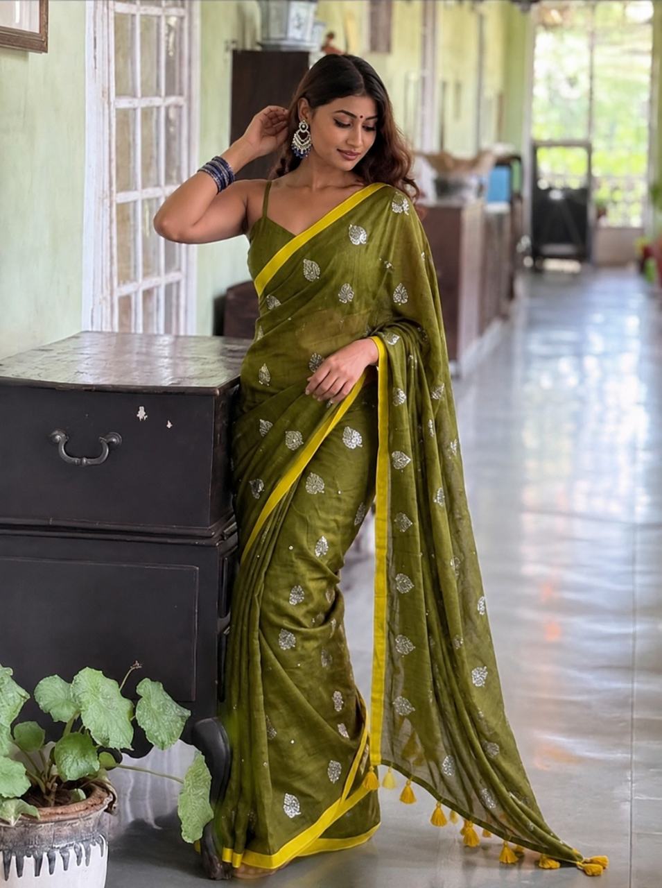 Mul Cotton Sequence Embroidery Work Saree