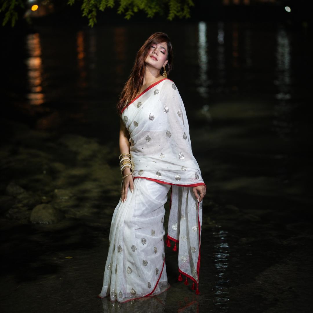 Mul Cotton Sequence Embroidery Work Saree