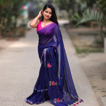 Navy Blue Soft Embroidery Work Saree
