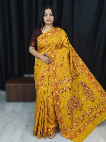 Mustard Yellow Blended Bangalore Silk Katha Weaving Saree