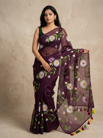 Wine Purple Floral Hand Print Mull Cotton Saree