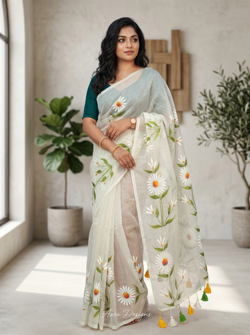 Off White Floral Hand Print Mull Cotton Saree