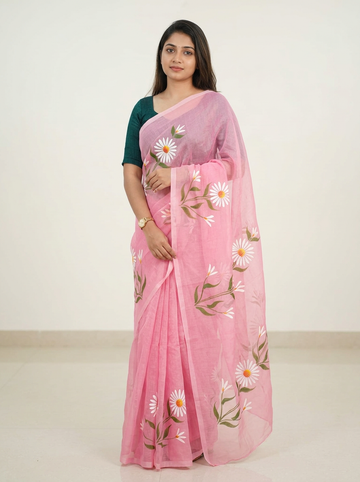 Baby Pink Floral Hand Print Mull Cotton Saree