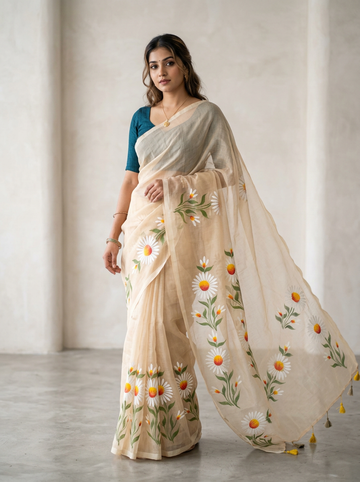 Cream Floral Hand Print Mull Cotton Saree