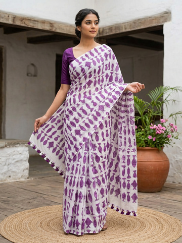 Off White Purple Fish Print Mul Cotton Saree