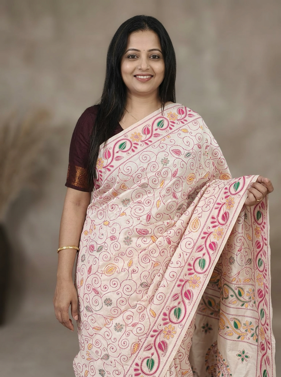 A woman modeling a light pink and beige printed saree with green and orange floral motifs and a pink border, paired with a dark blouse against a dark studio backdrop.